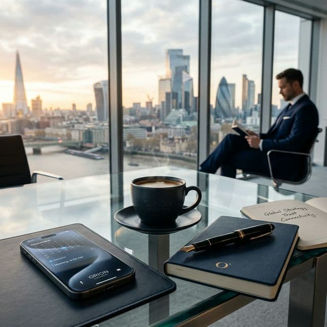 Modern corporate desk overlooking a city skyline